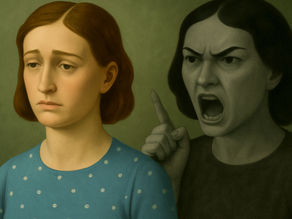 Frau mit gesenktem Blick, im Hintergrund erscheint eine strenge, schattenhafte Gestalt, die sie anschreit