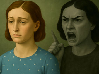 Woman with downcast eyes, shadow figure behind her yelling angrily 