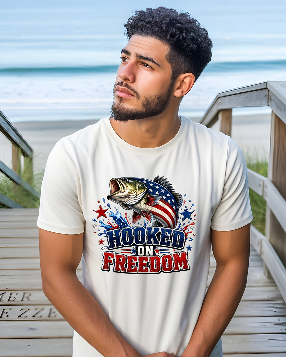 Thumbnail: Hooked on Freedom Patriotic Fishing Shirt | Bass Fishing USA T-Shirt