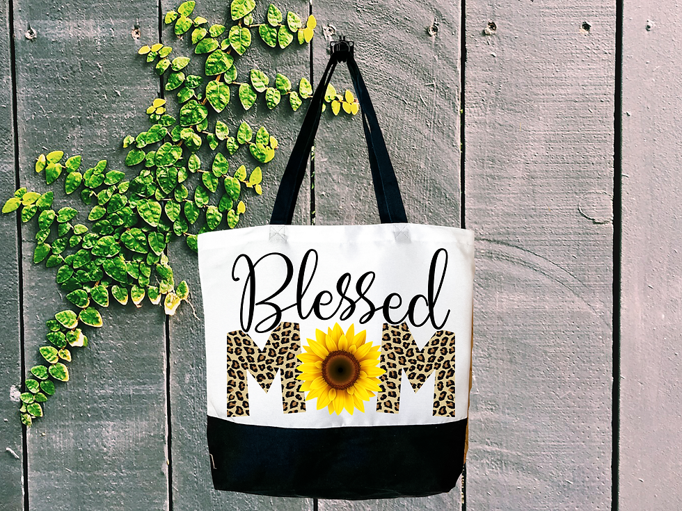 Thumbnail: Blessed Mom Tote Bag, Sunflower Leopard Print, Faith Based Christian Gift