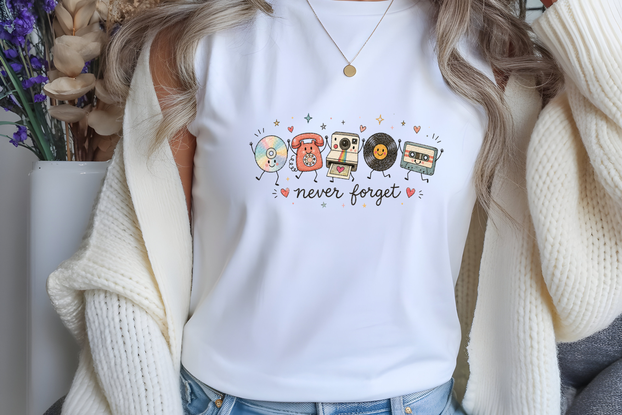 Retro Music Icons Tee — "Never Forget" Vinyl, Cassette & Camera Graphic