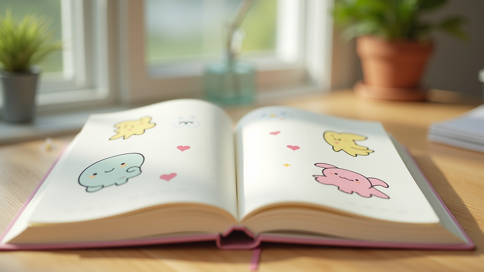Eye-level view eines offenen kawaii-Notizbuchs mit bunten Illustrationen