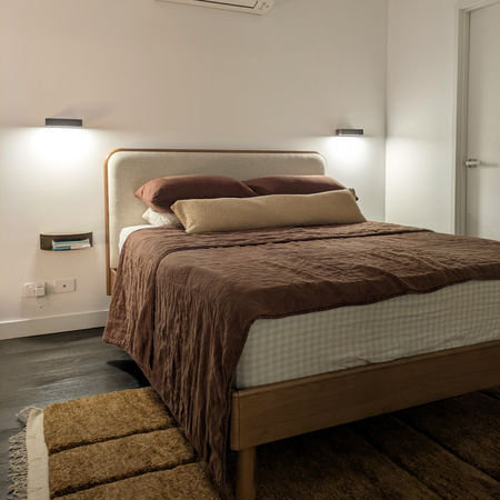 Organic bedding, moody space, furniture, rug, styling, lighting, bedside tables, interior design, small projects