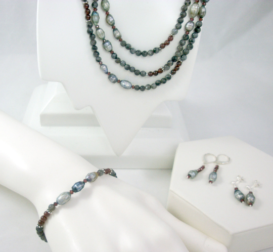 Thumbnail: Freshwater Pearl and Garnet Sterling Silver Earrings