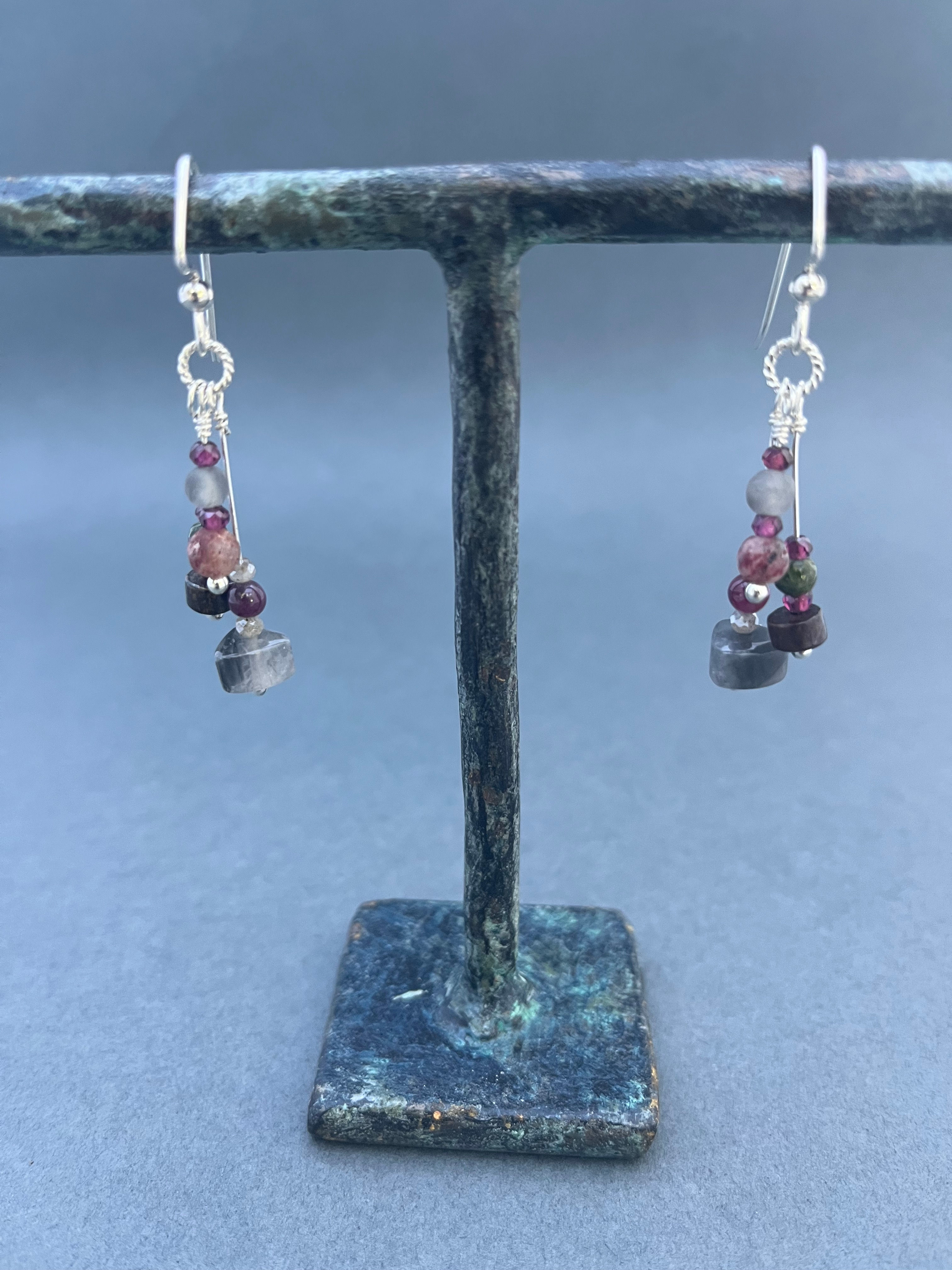 Tourmaline, Ruby, Quartz & Bronzite Earrings