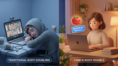 Body doubling is the best ADHD hack, but Zoom calls can be draining. Meet Fomi, the first "AI Body Double" that provides instant accountability and focus without the social anxiety.