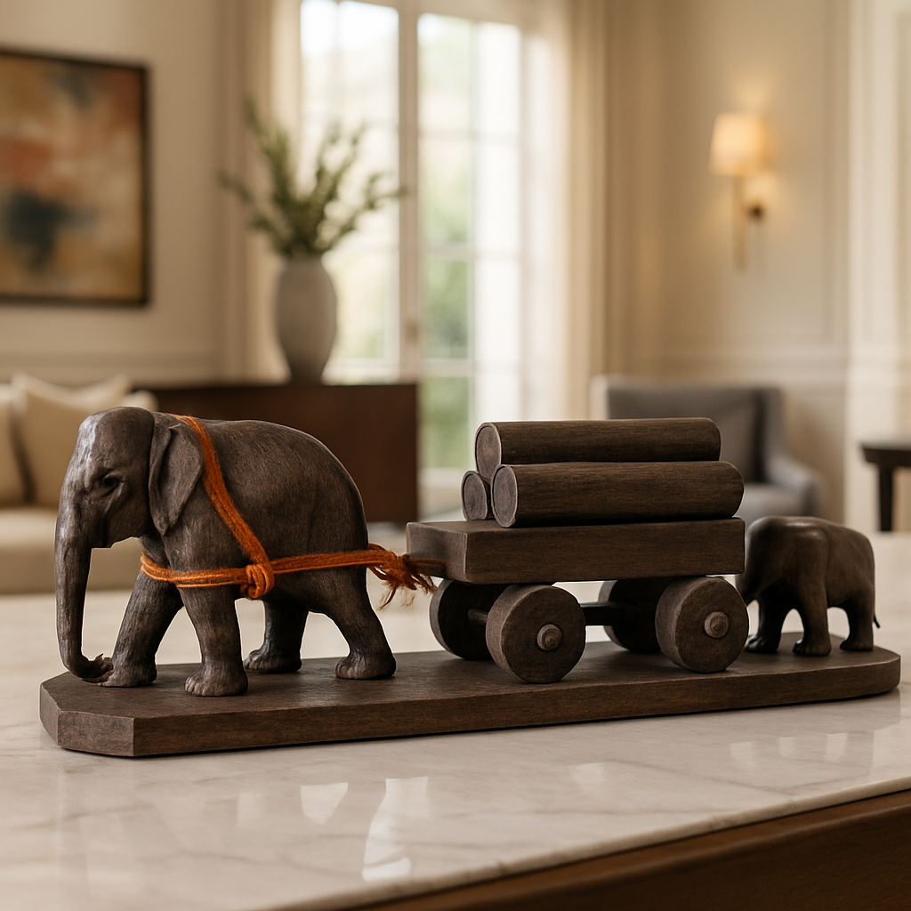 Elephant Wooden Craft – Handcrafted Log Cart Decor