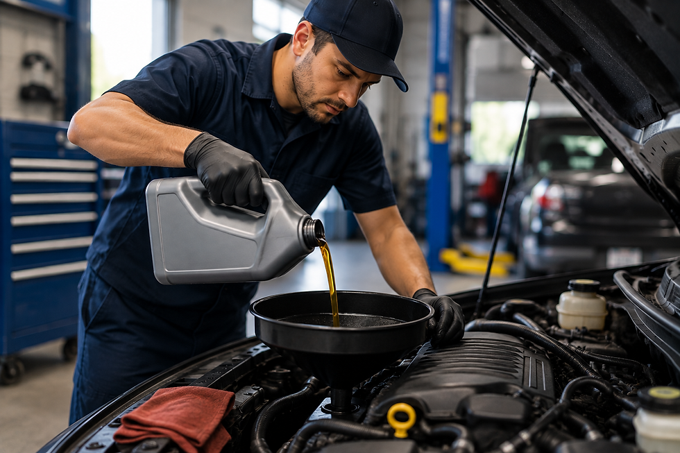 Automotive technician performing an engine oil change inside a clean, modern repair shop. - Parsippany NJ
