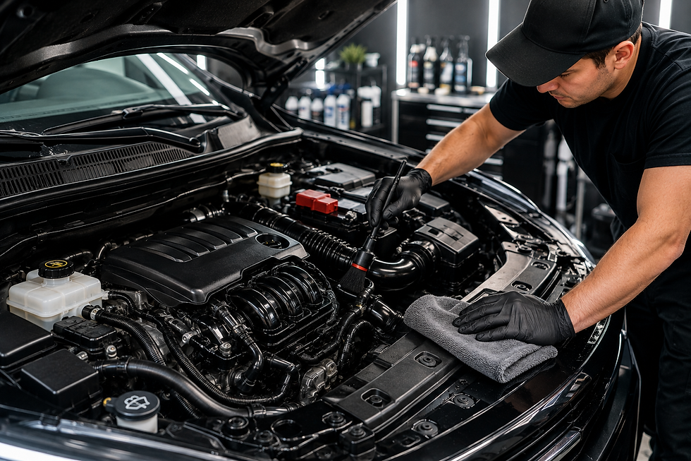 Professional detailer cleaning a car’s engine bay with a detailing brush and microfiber towel in a modern auto detailing garage. - Parsippany NJ