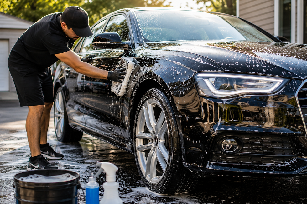 Detailer washing a black car’s exterior with a soapy wash mitt on a sunny driveway. - Parsippany NJ