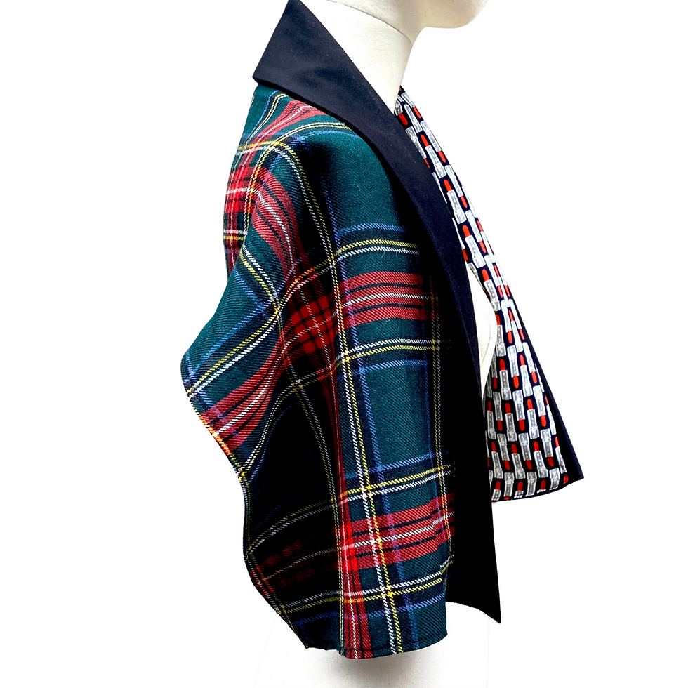 Thumbnail: Reversible Stole Wrap Tartan/Lipstick Print with Black Lapel Side View