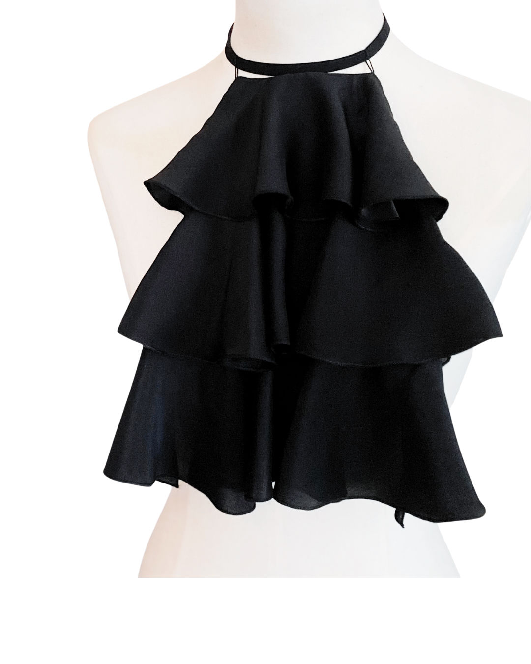 Black Ruffle Bib Necklace with Tie Front View
