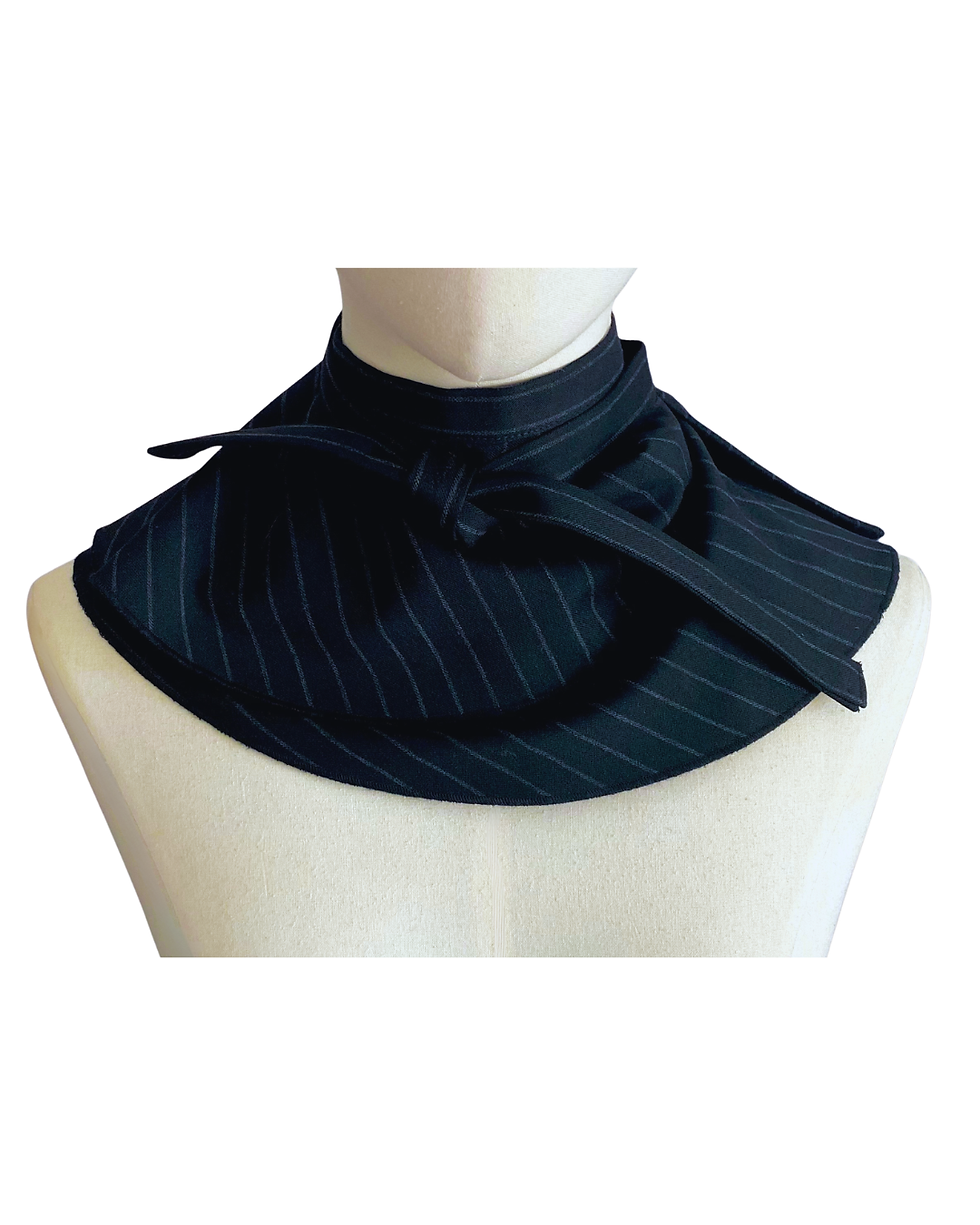 Thumbnail: Charcoal Grey Pinstripe Ruffle Collar Tied as Ruff Front View