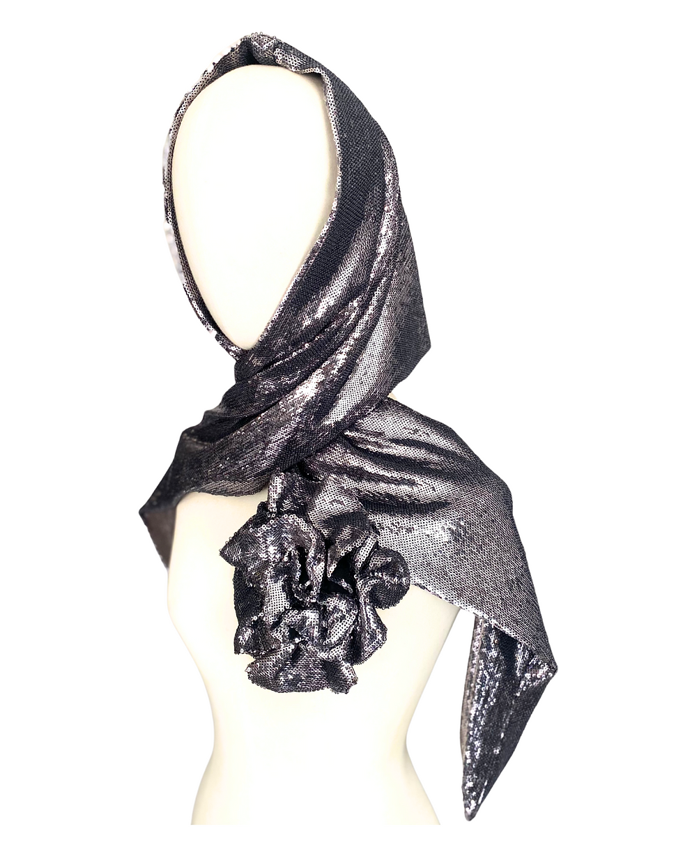 Thumbnail: Pinky Silver Metallic Sequins Scarf Worn Around Head with Matching Corsage
