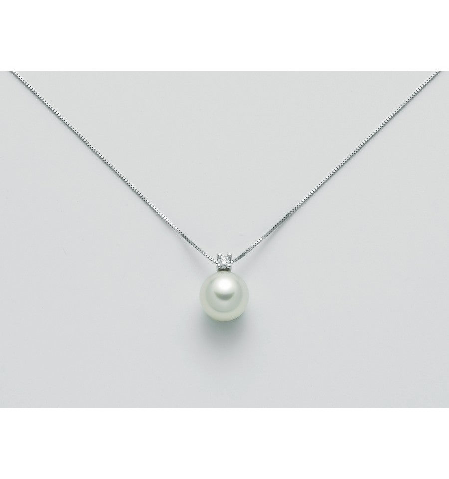 Nimei Collana Pendente Perla Akoya 7,5-8 mm | Oro Bianco 18Kt | Diamante 0,03 ct