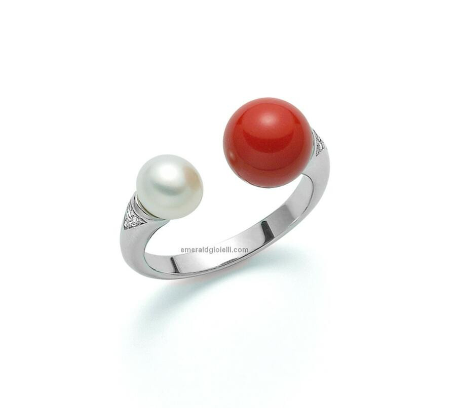 Anello Miluna Terra e Mare in Argento con Perla e Corallo Rosso