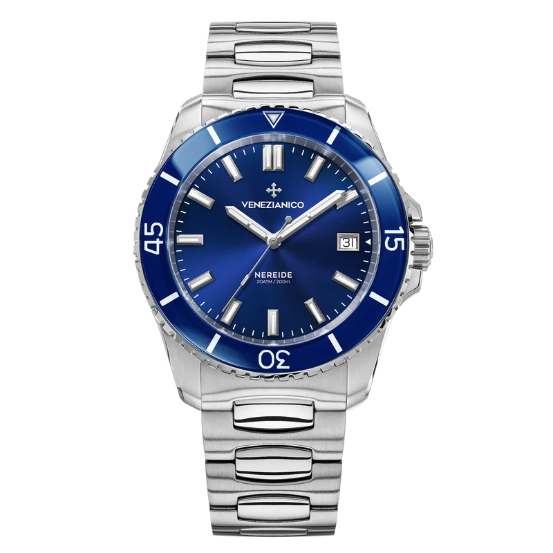 Orologio Venezianico Nereide Blu con quadrante e ghiera blu, datario a ore tre e bracciale Canova.