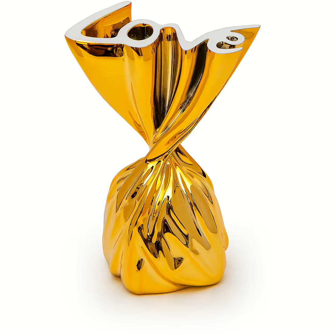 Scultura decorativa Sequenze dorata a forma di cioccolatino avvolto, con pieghe lucide e scritta Love in alto