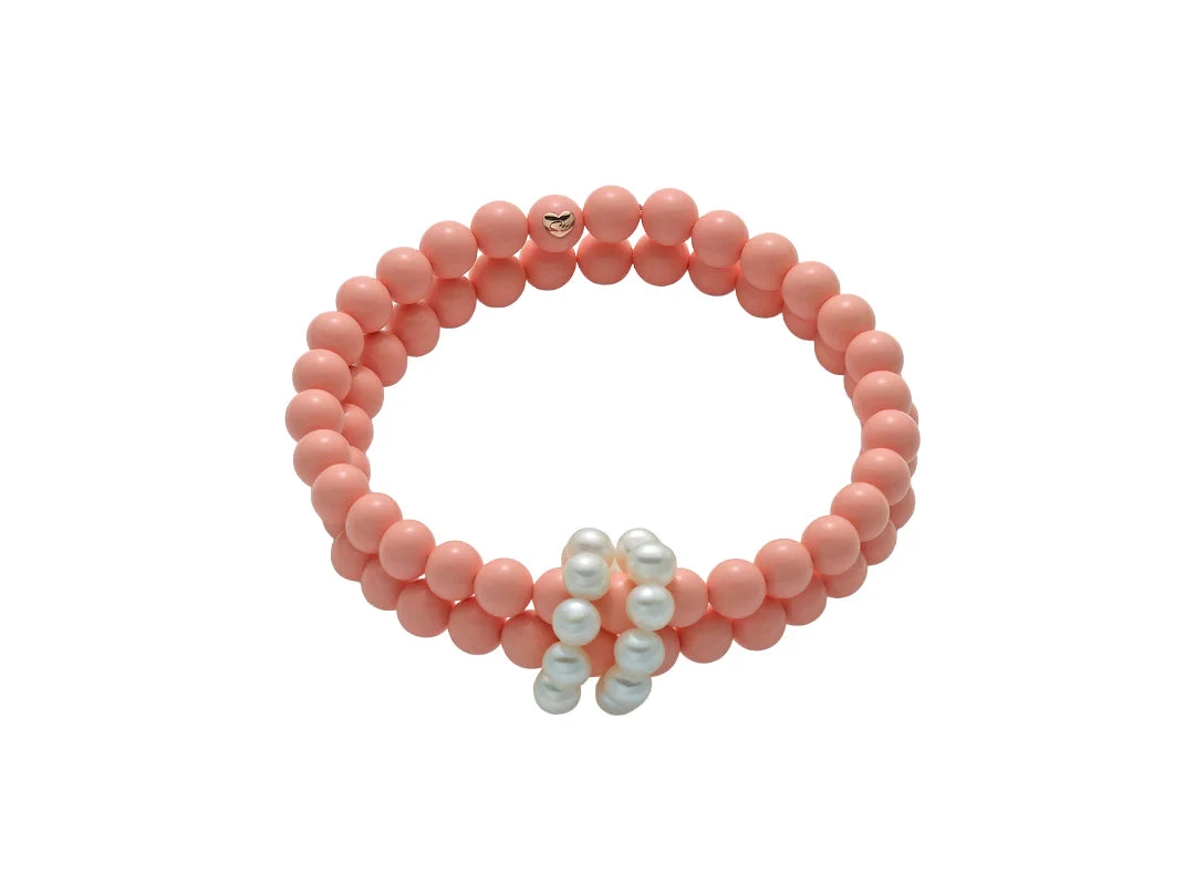 Miluna Bracciale Donna Doppio Filo in Argento con Corallo Rosa, Perle e Cuore in