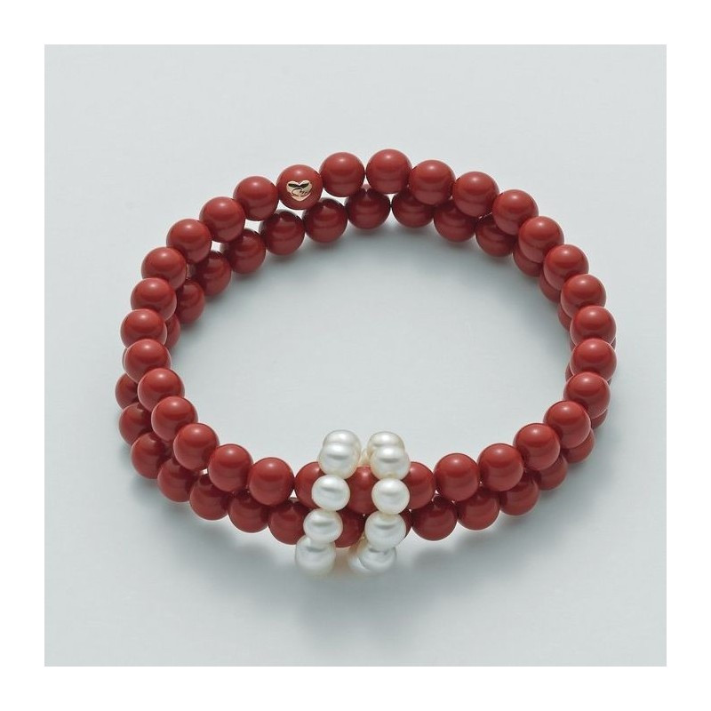 Bracciale Elastico Miluna in Corallo Rosso e Perle