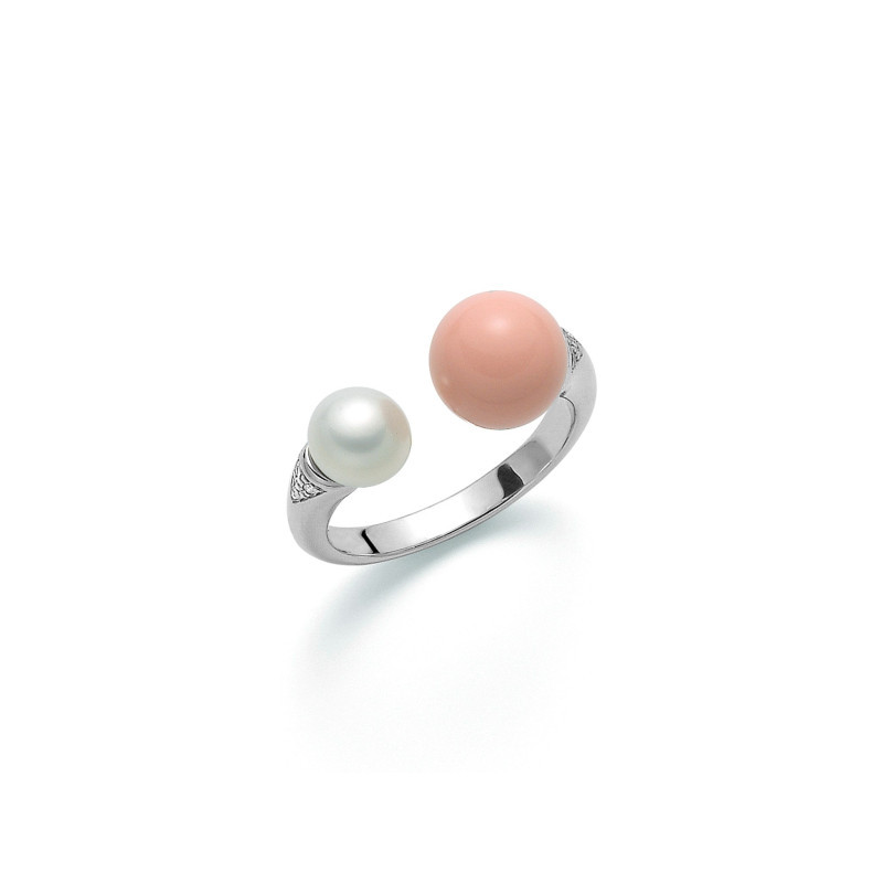 Anello Miluna Terra e Mare in Argento con Perla e Corallo Rosa
