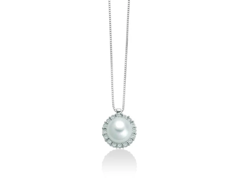 Miluna Collana con Perla 7-7,5 e Giro di Diamanti in Oro 18kt