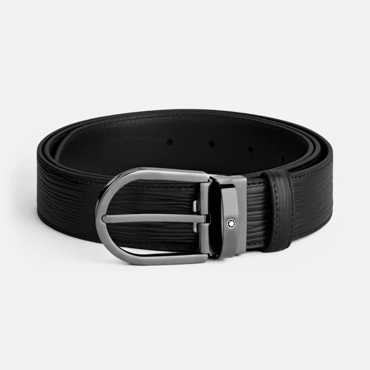 Montblanc Cintura Uomo 35 mm Corteccia | Pelle Nera | Fibbia Ferro di Cavallo