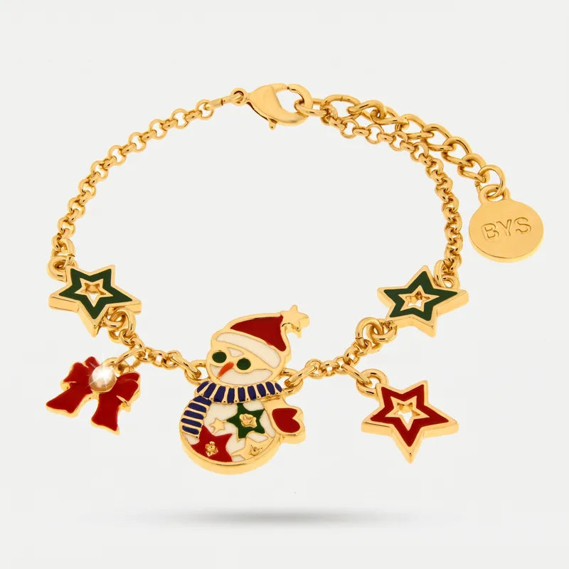 Bracciale BySimon dorato con pupazzo di neve, stelle verdi e rosse e fiocco rosso.