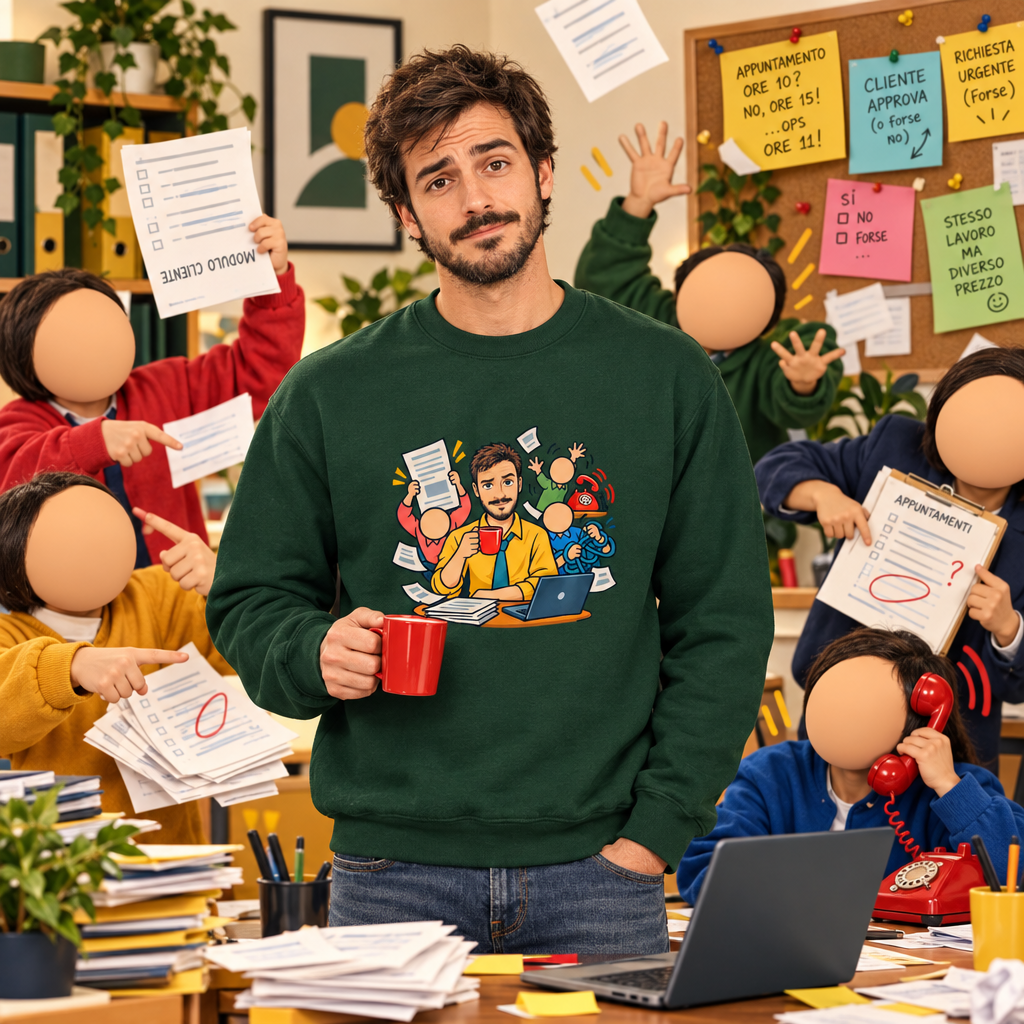 Felpa con ritratto cartoon satirico sui clienti poco professionali
