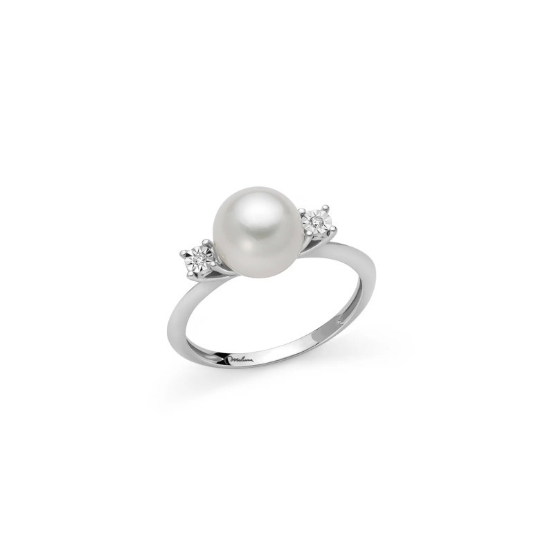 Anello Miluna in Oro Bianco con Perla e Due Diamanti