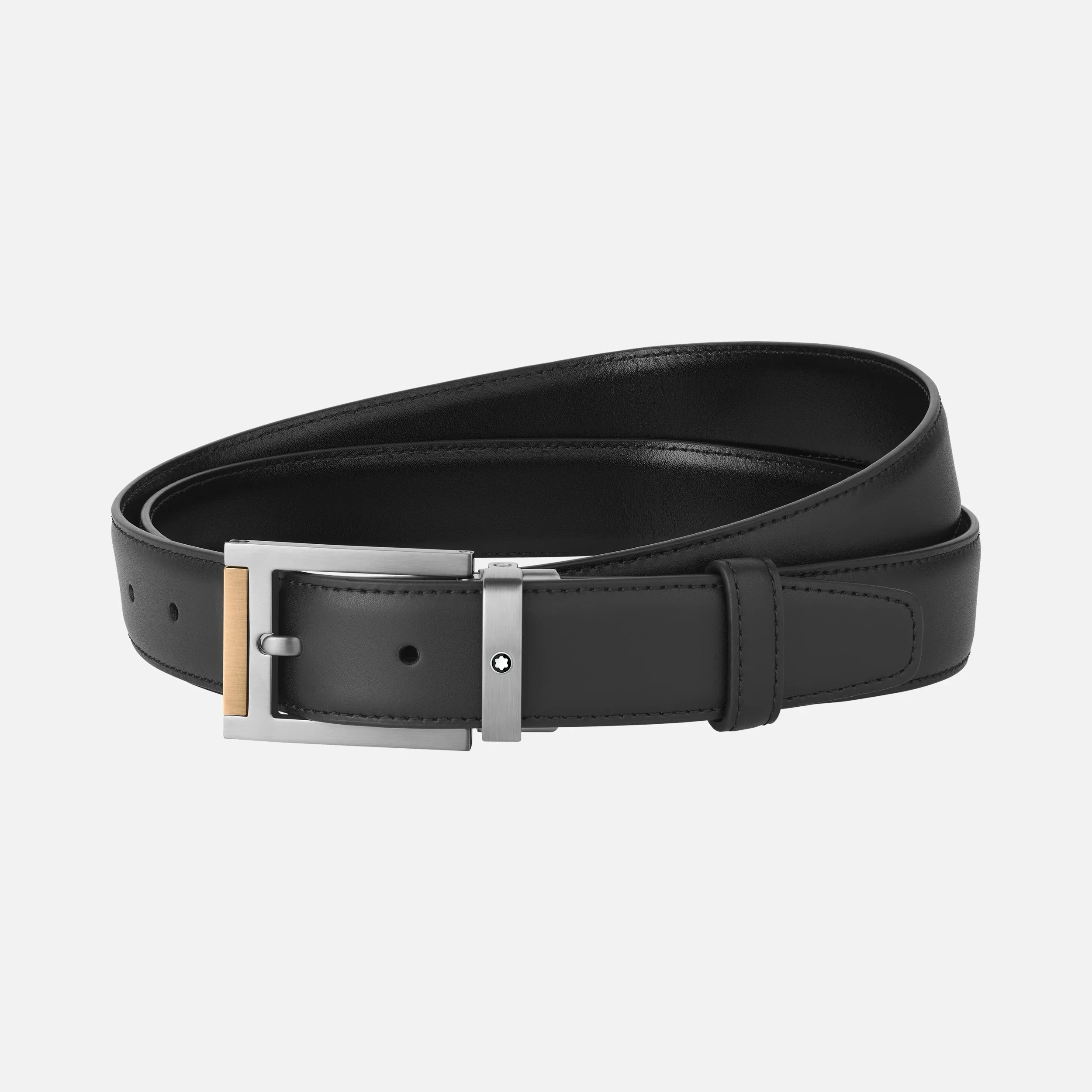 Montblanc Cintura Uomo 30 mm | Pelle Nera | Fibbia PVD Oro Marrone