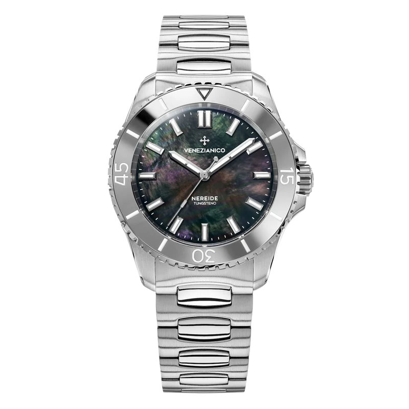 Venezianico Nereide Tungsteno con quadrante scuro in madreperla, ghiera lucida e bracciale Canova.