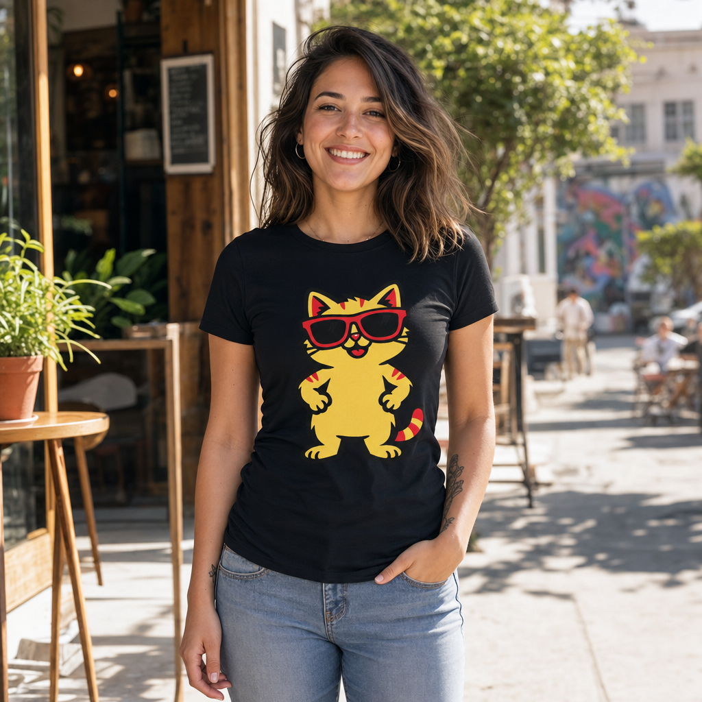 Maglietta donna con gatto giallo e occhiali rossi
