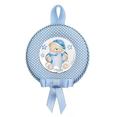 Capoculla Ottaviani azzurro rotondo con orsetto, stelle e fiocco