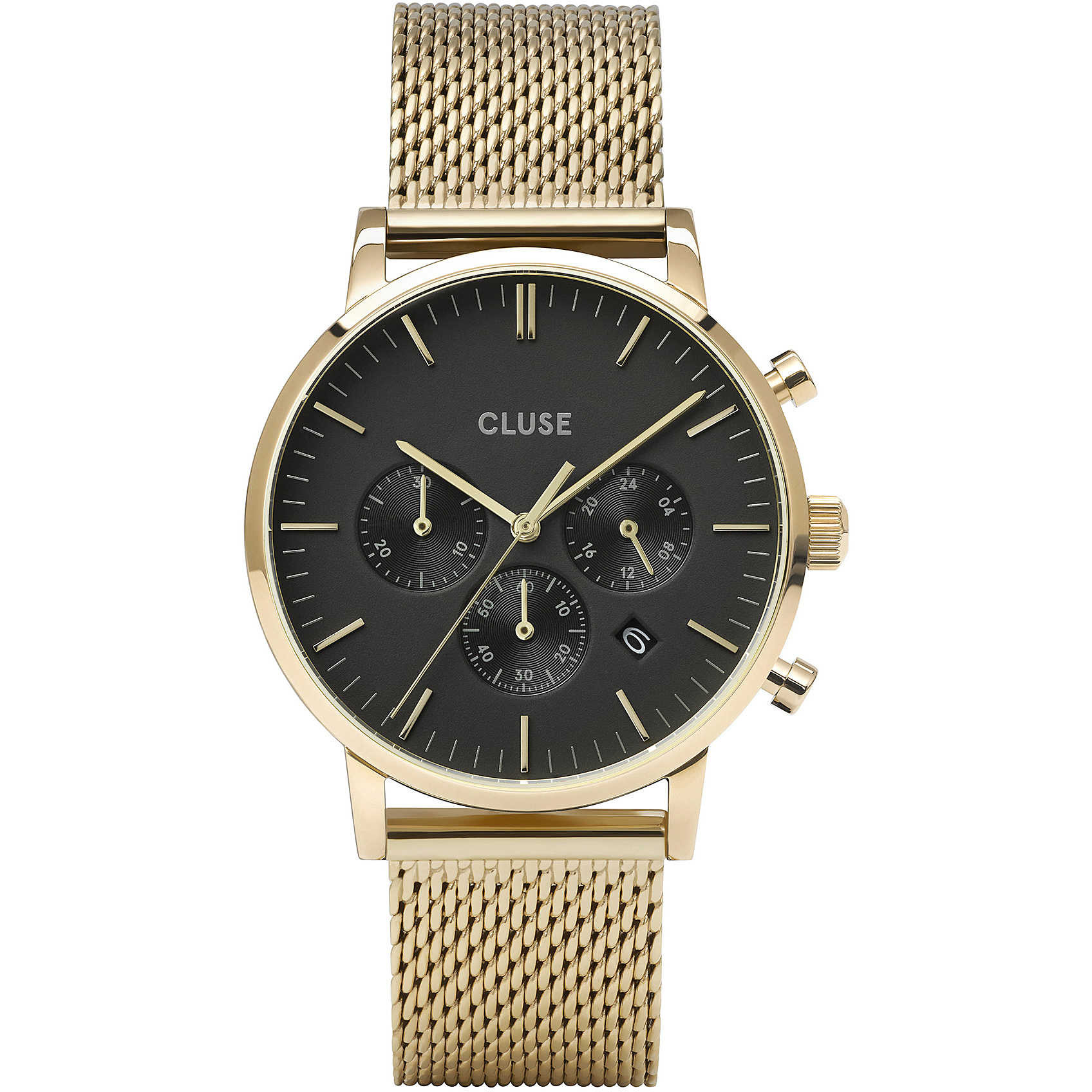 Cluse Orologio Uomo Aravis Chrono Mesh Oro Nero | Acciaio Inox | 5 ATM