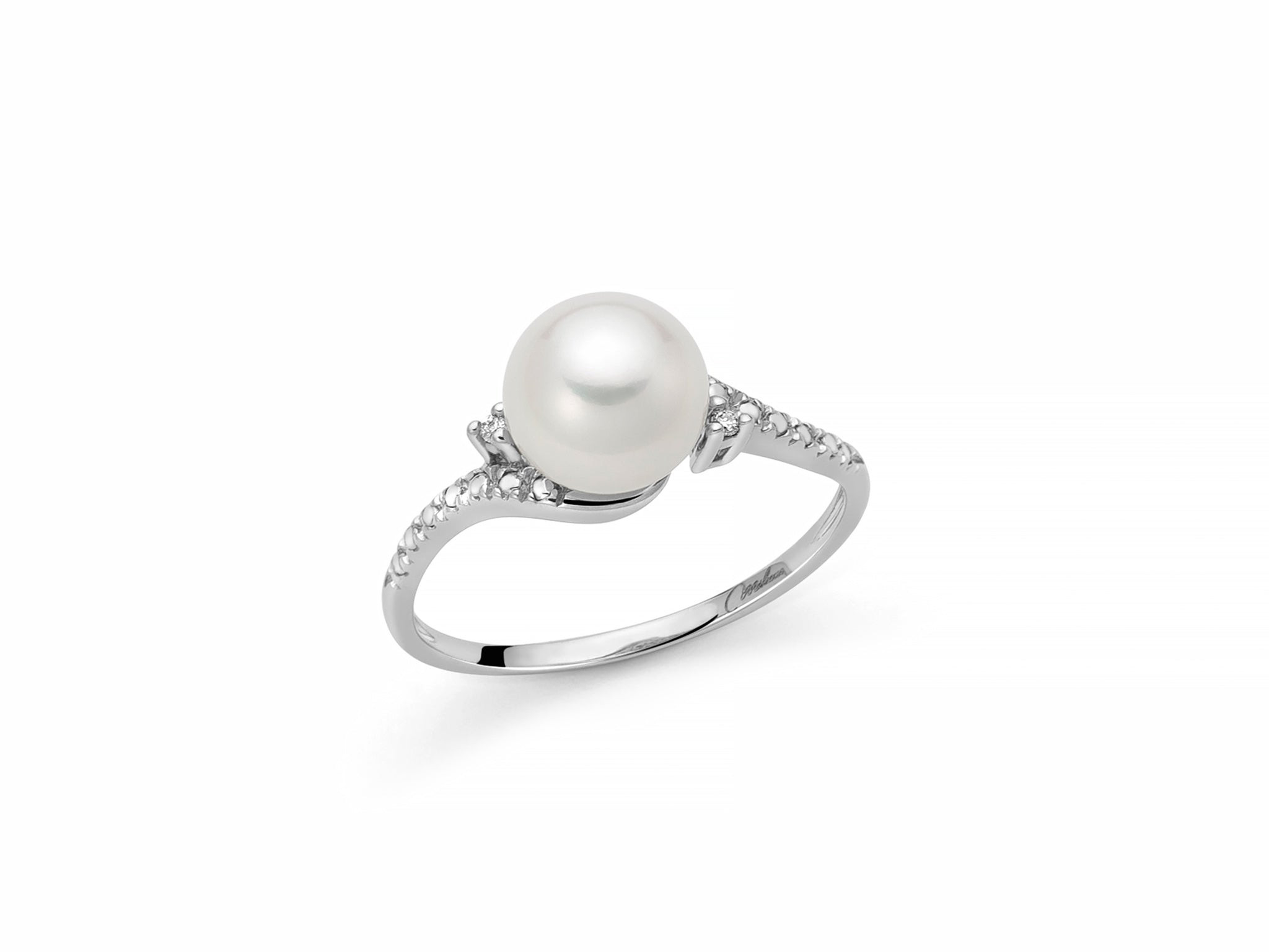 Miluna Anello Donna Perla Bianca e Diamanti | Oro Bianco 18kt | Perla 7,5-8 mm