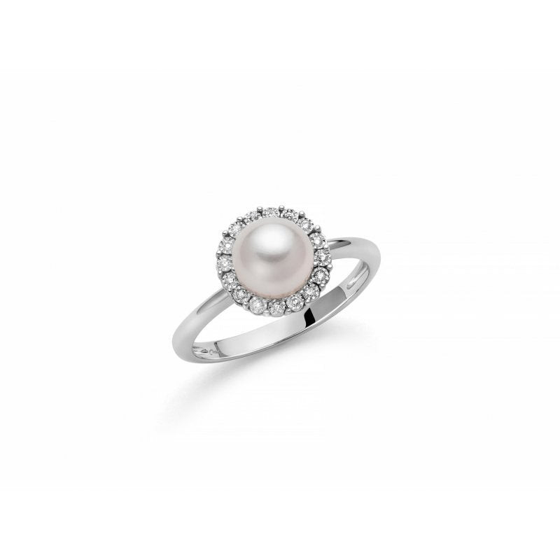 Miluna Anello Donna Perla Bianca e Diamanti | Oro Bianco 18kt | Pave 18 Diamanti