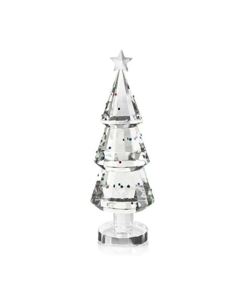 Albero di Natale Ottaviani in cristallo trasparente a tre sezioni, con strass colorati, stella sulla sommità e base circolare.
