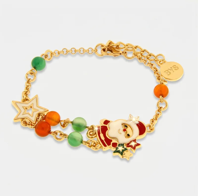 Bracciale BySimon dorato con Babbo Natale, stella bianca e sfere verdi e arancioni.