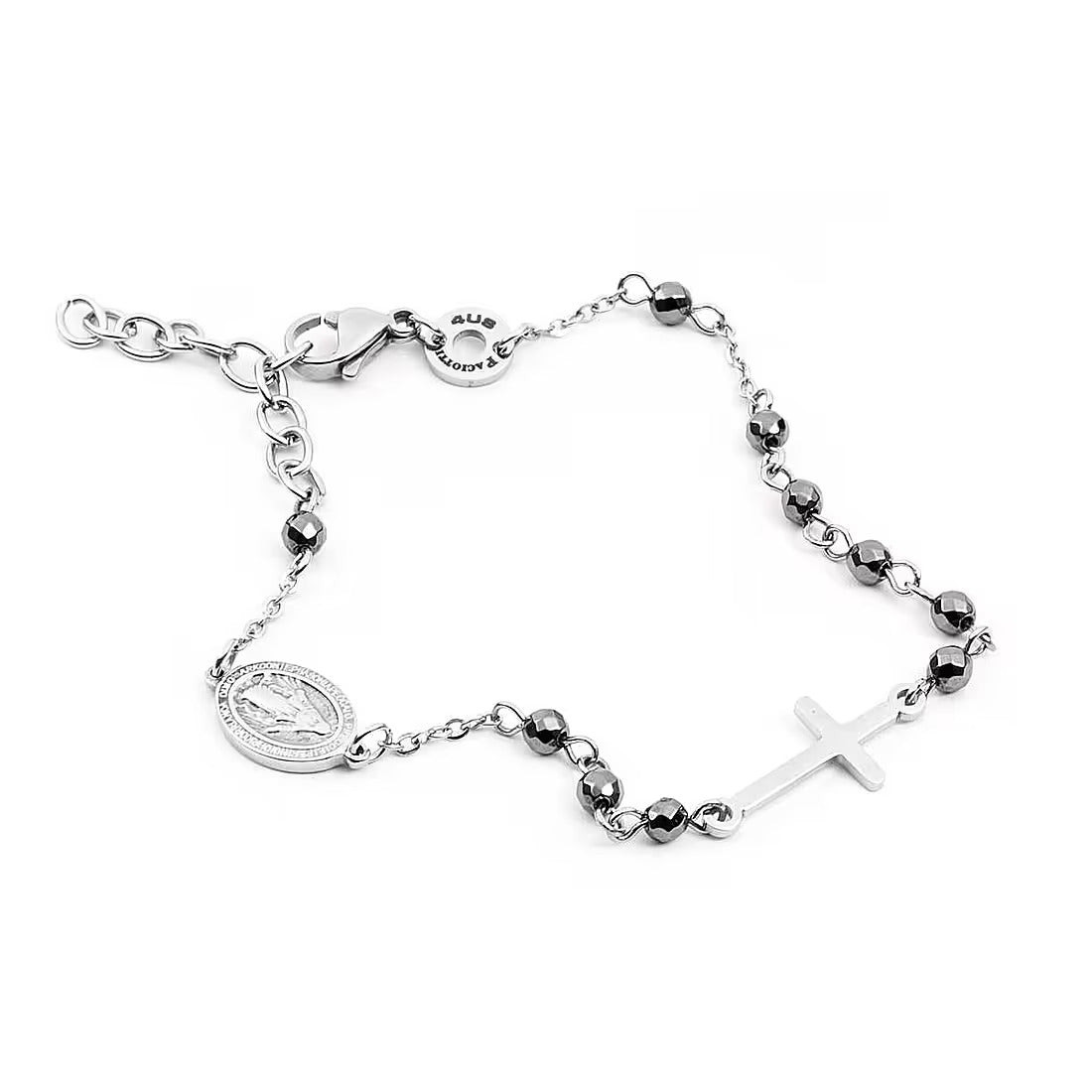 Paciotti Bracciale Uomo Rosario Croce Medaglia | Acciaio Ematite | Regolabile