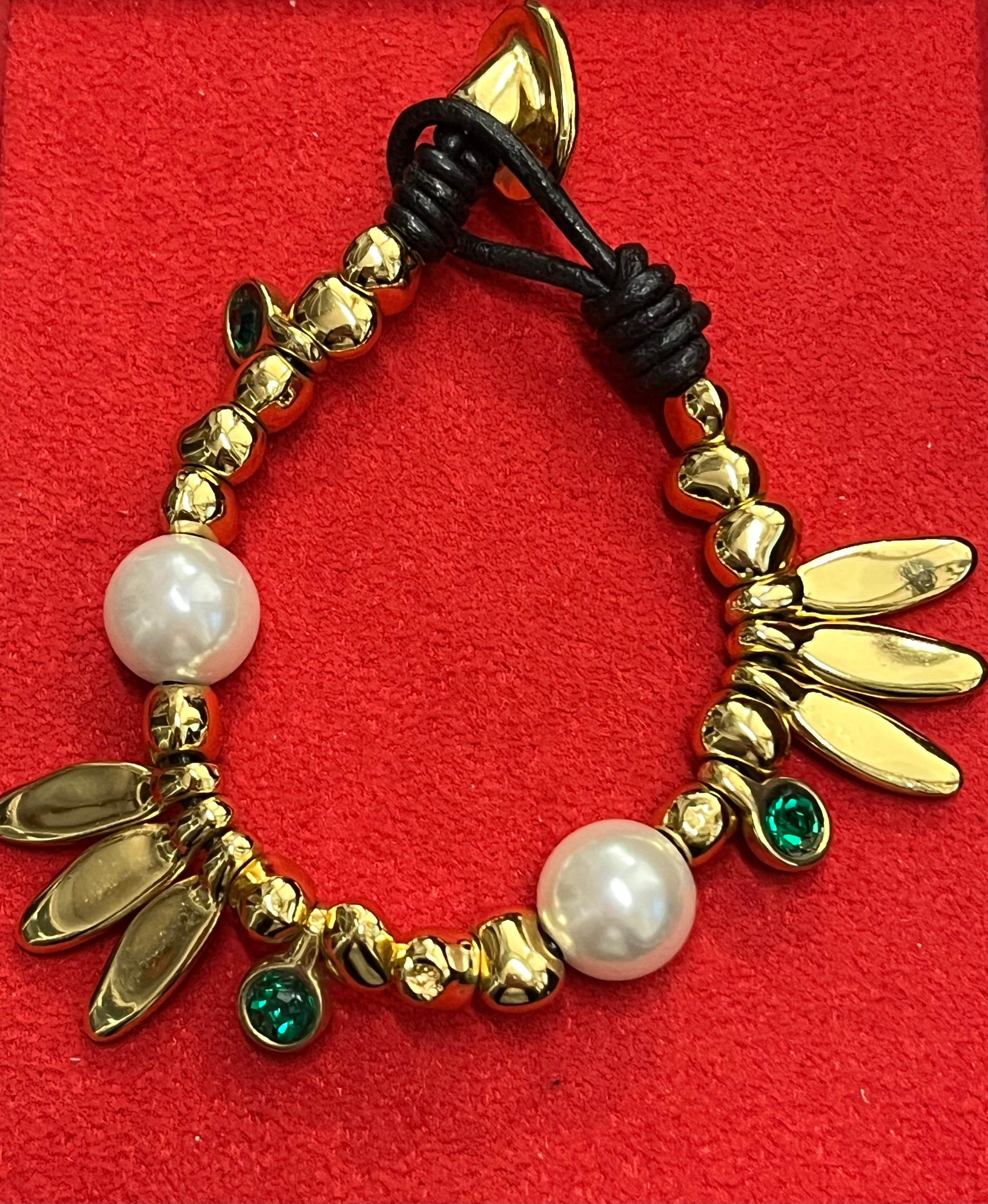 Madness Bracciale Donna Perle e Zirconi Verdi | Argento Dorato 925 | Petali