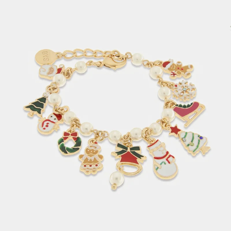 Bracciale BySimon con sfere chiare e ciondoli natalizi colorati, campana, alberi e pupazzi di neve.