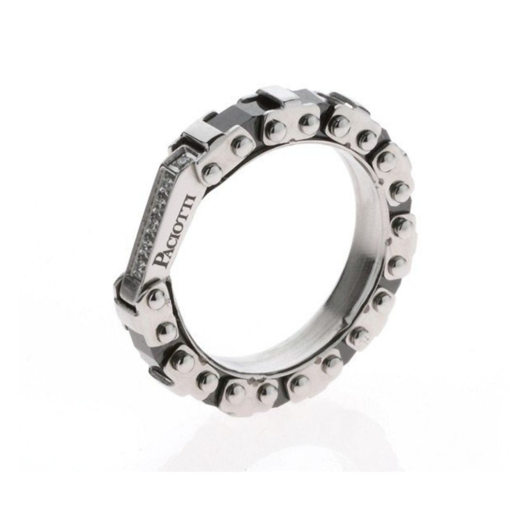 Paciotti Anello Uomo Catena | Acciaio Lucido | Ceramica Nera & Cristalli