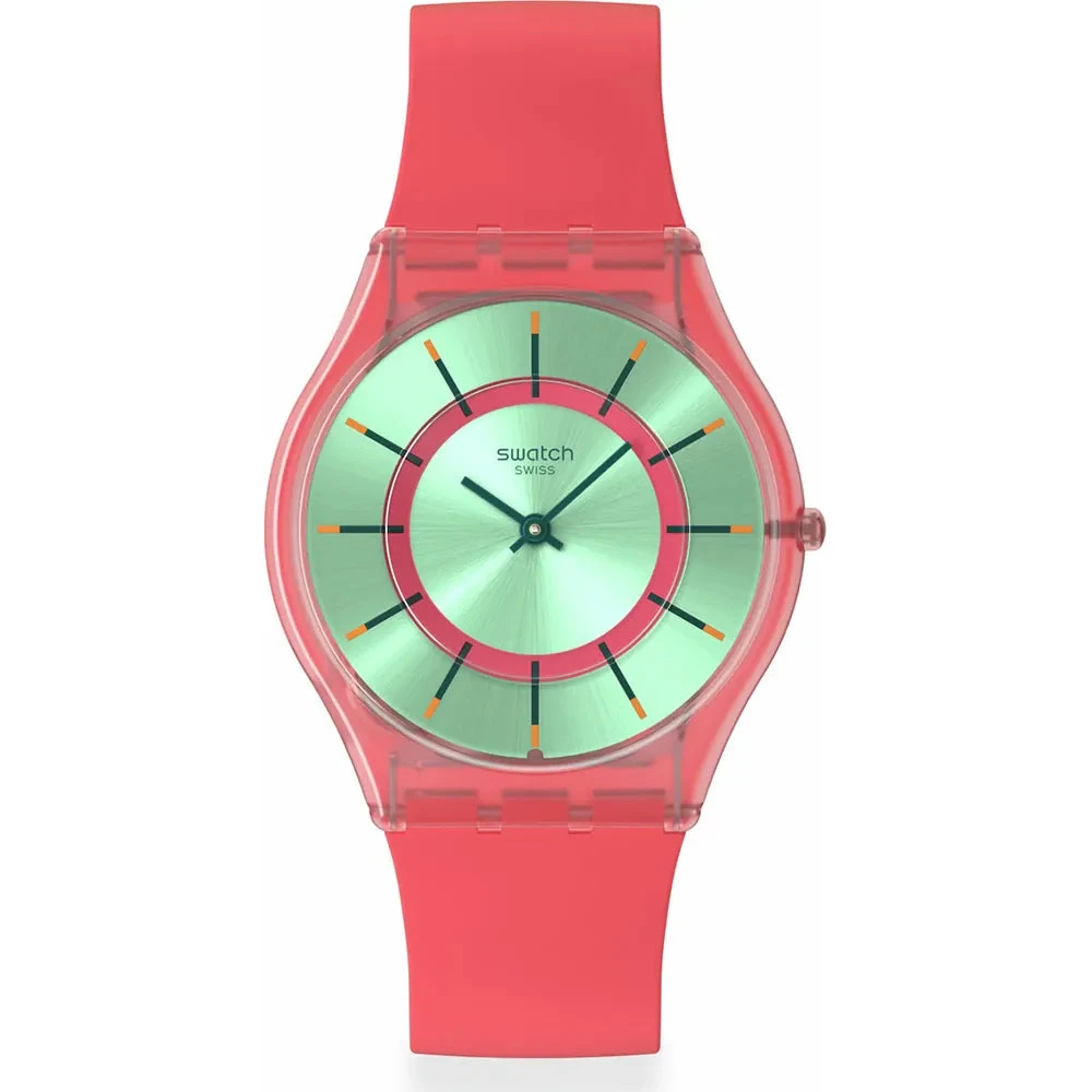 Swatch | Orologio | Quadrante turchese | Cassa rosa | Cinturino sfumato