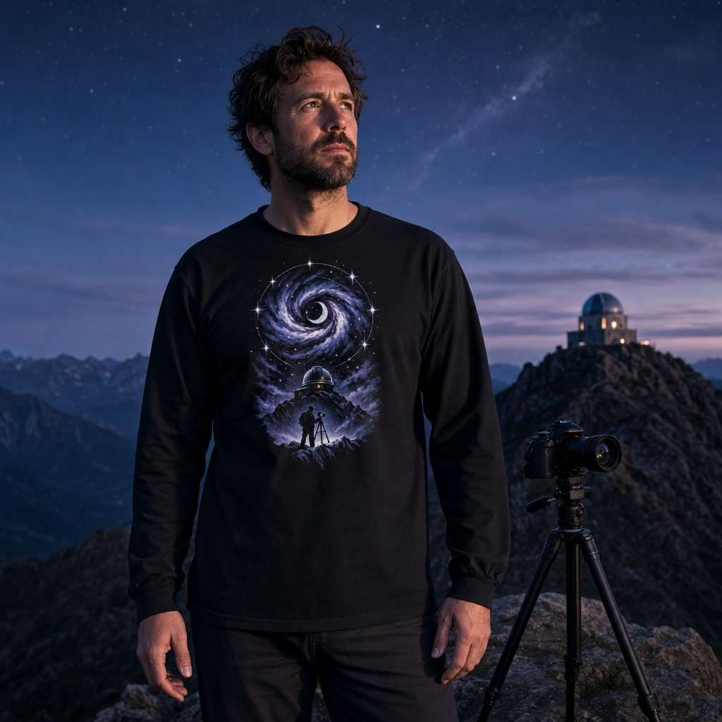 Maglia a maniche lunghe con fotografo notturno, galassia e osservatorio