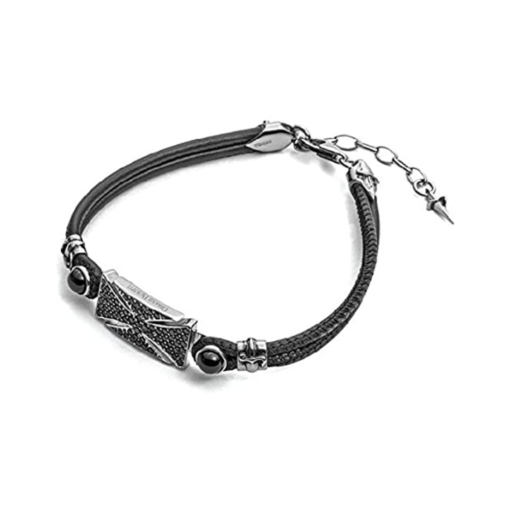 Cesare Paciotti Bracciale Uomo Double Line | Pelle & Argento | Zirconi Onice
