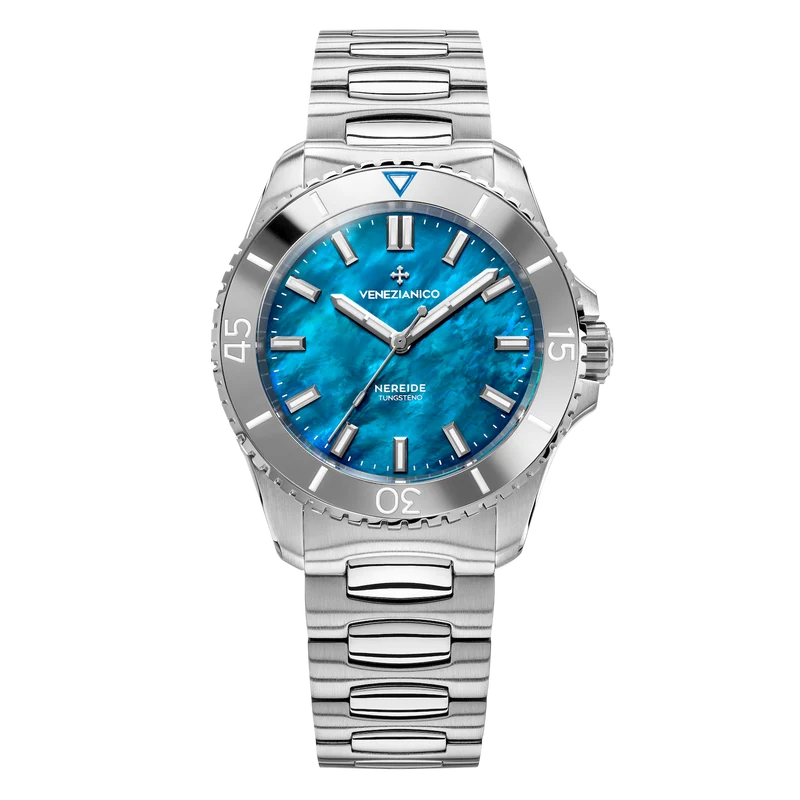 Venezianico Nereide Tungsteno Azzurro con quadrante marezzato, ghiera lucida e bracciale Canova.