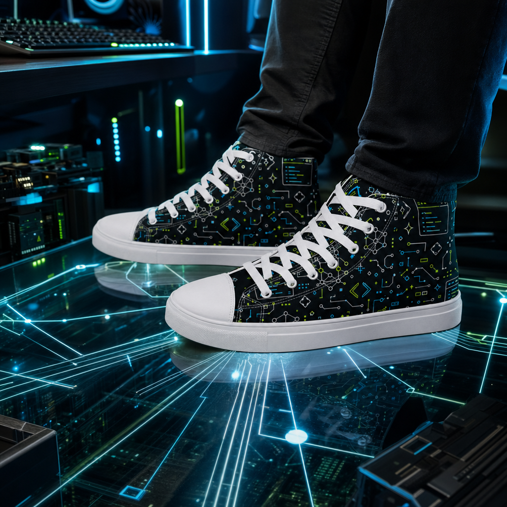 Scarpe alte con pattern geometrico ispirato al coding e agli assistenti AI