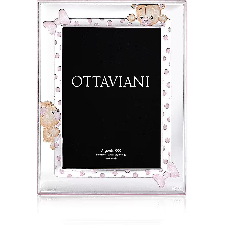 Cornice rettangolare Ottaviani con due orsacchiotti, pois e fiocchi rosa intorno allo spazio per la fotografia.