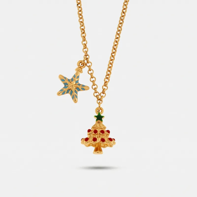 Collana BySimon dorata con albero di Natale decorato di rosso e stella con dettagli azzurri.